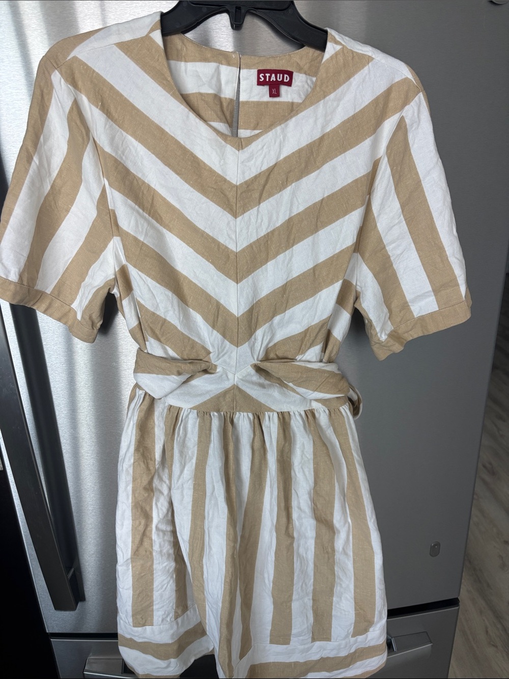 STAUD York striped Beige & White Chevron Tie-Waist Dress